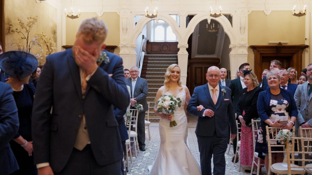 Sarah (Bride) Walking Down Clevedon Hall Stairs To See Josh (Groom)