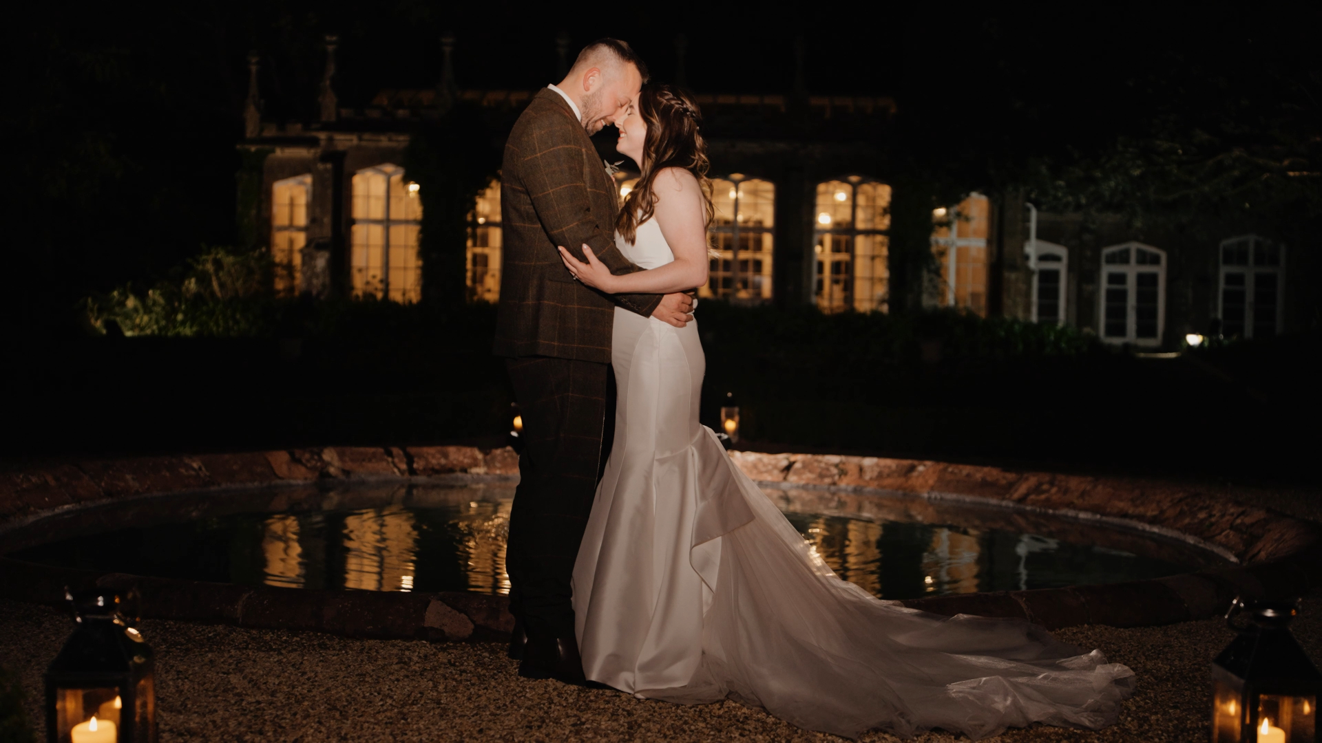 Bride and groom share an intimate head-to-head moment at night, a romantic highlight for autumn wedding styling tips.