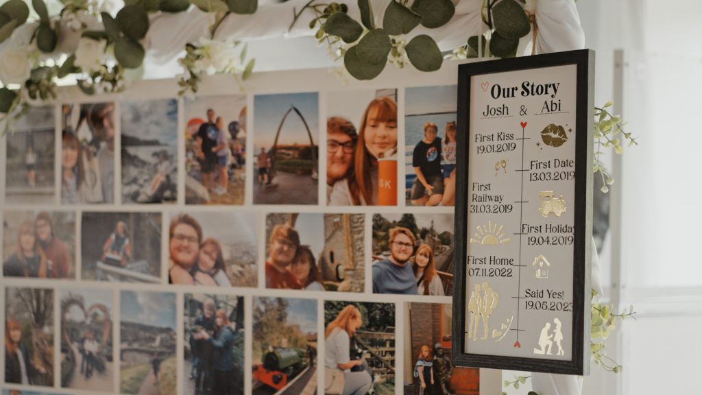 A personal photo display of Josh and Abi’s love story, featuring milestones and memories captured for their wedding highlight reel.