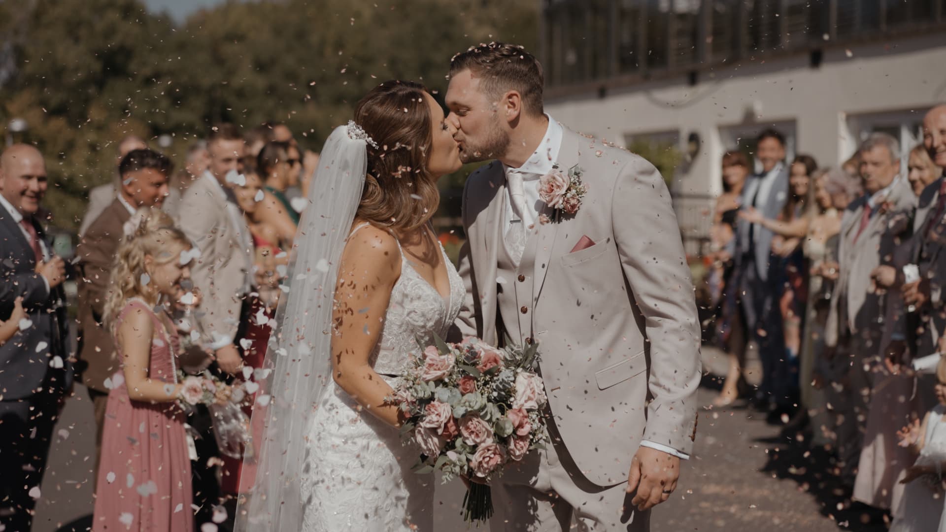 Confetti moment captured beautifully for the couple’s wedding film.