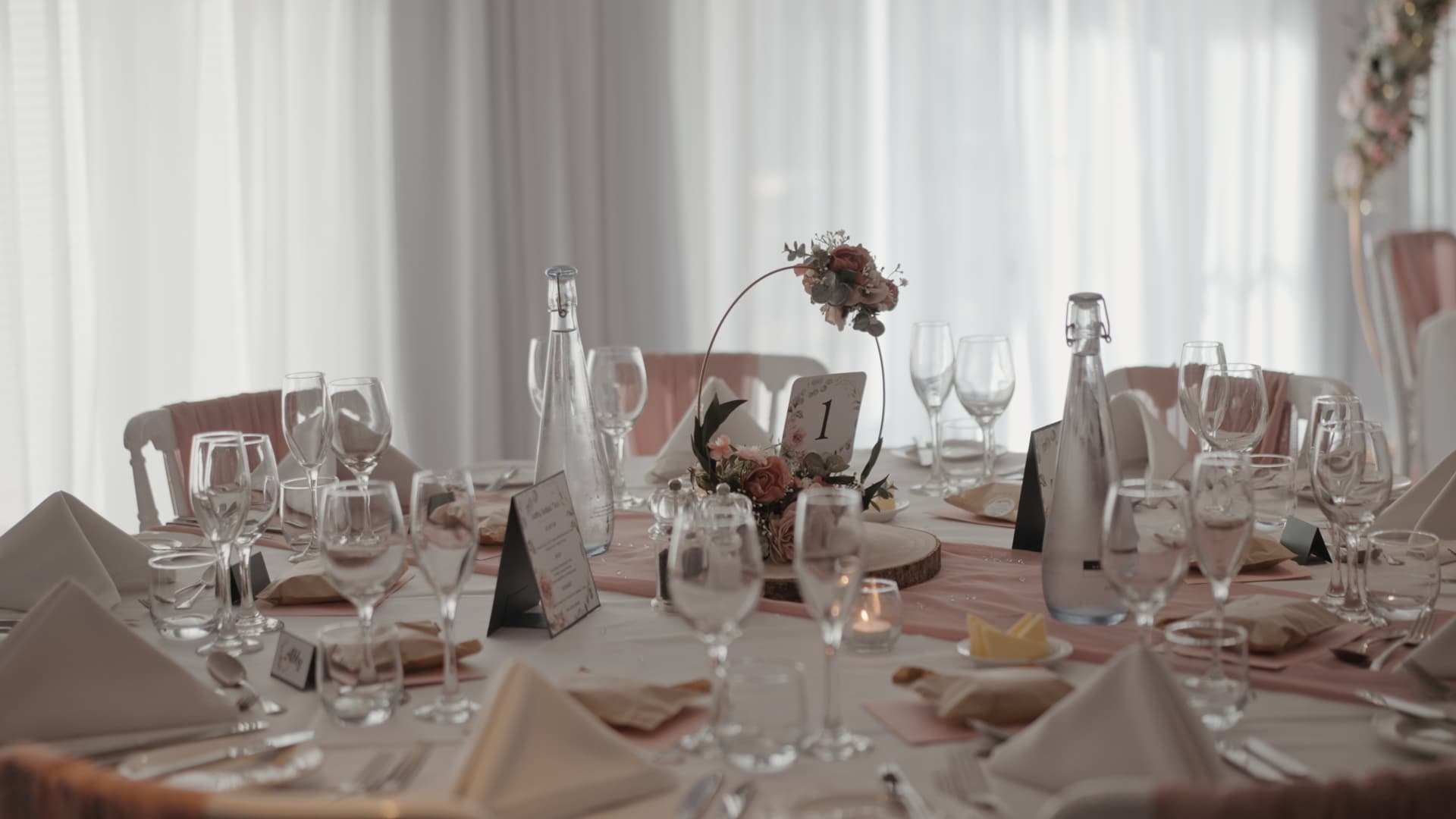 Wedding reception table styling filmed for the couple’s wedding film.