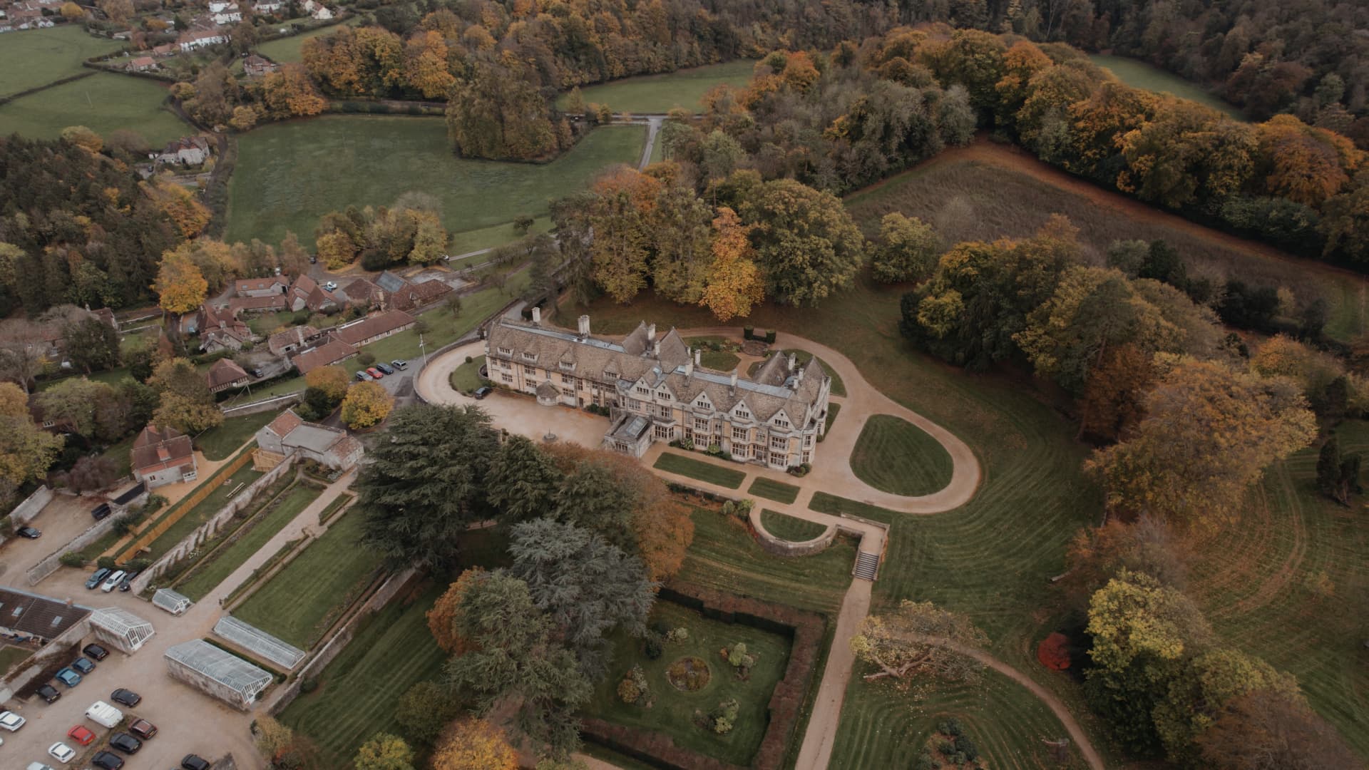 Aerial drone view of a Somerset country house wedding venue in autumn, filmed by KB Wedding Videography